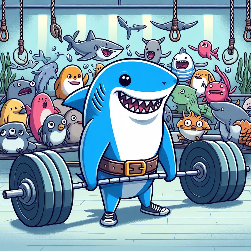 A shark deadlifting with the barbell locked out, being cheered on by various sea animals, in the style of a funny cartoon, the shark is wearing a weight lifting belt, it takes place in a gym, the shark has a big smile.